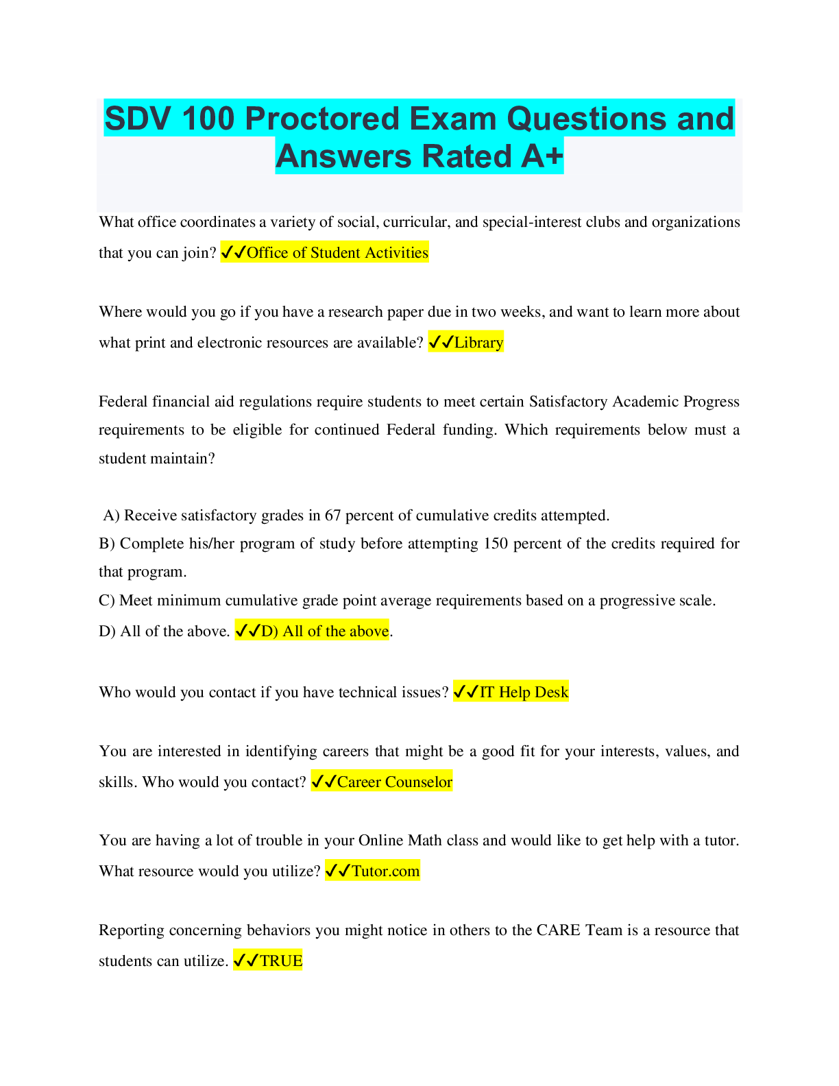 Preview image for SDV 100 Proctored Exam Questions and Answers Rated A+